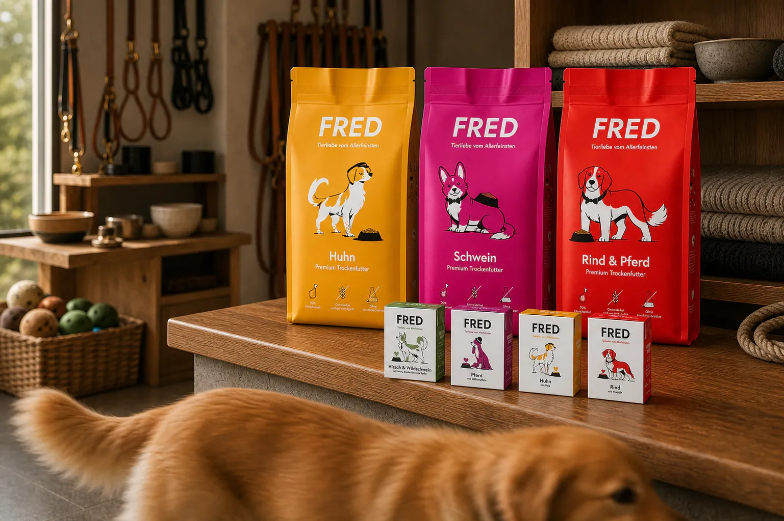 Fred & Felia Produkte auf einem Holzregal mit einem Hund im Vordergrund