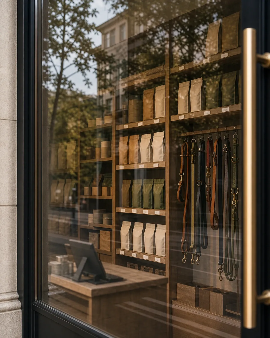 Blick durch ein Schaufenster auf eine sorgfältig kuratierte Heimtier-Auslage.